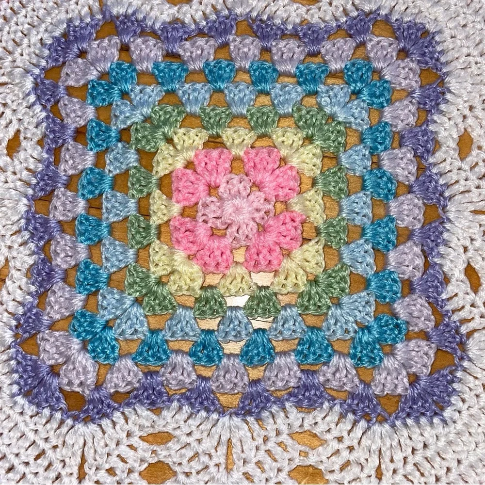 Crochet Handmade Pastel Rainbow Baby Blanket Corner Flower Detail Nursery 36X36
